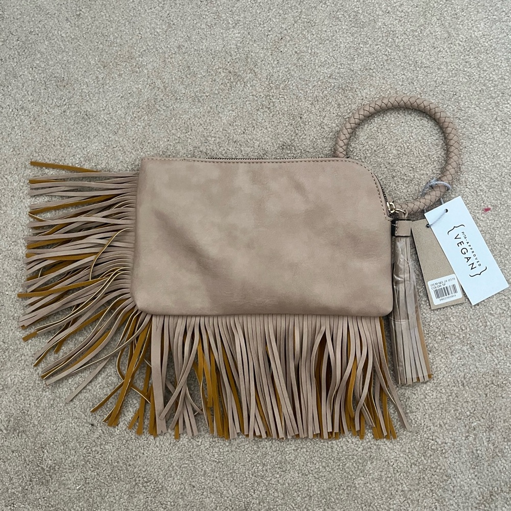 NWT Tan Fringe Clutch Bag